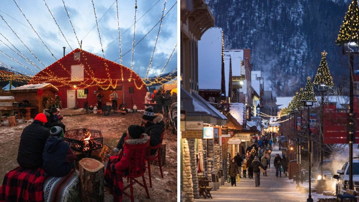 Banff Christmas Market. Right: Banff, Alberta, during the holidays.