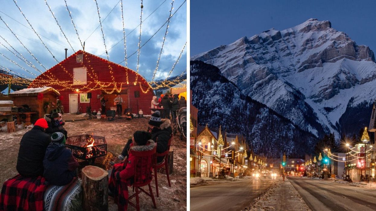 Banff Christmas Market. Right: Town of Banff in Alberta.