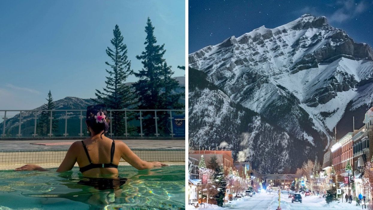 Banff hot springs. Right: Town of Banff.