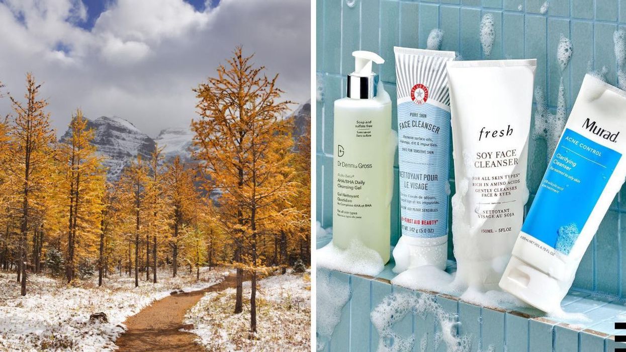 Banff National Park in fall. Right: Facial cleansers from Sephora.