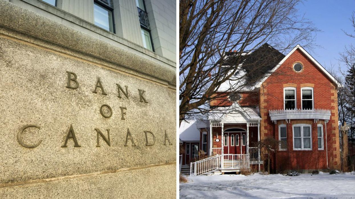 Bank of Canada building exterior. Right: A Canadian house in winter.