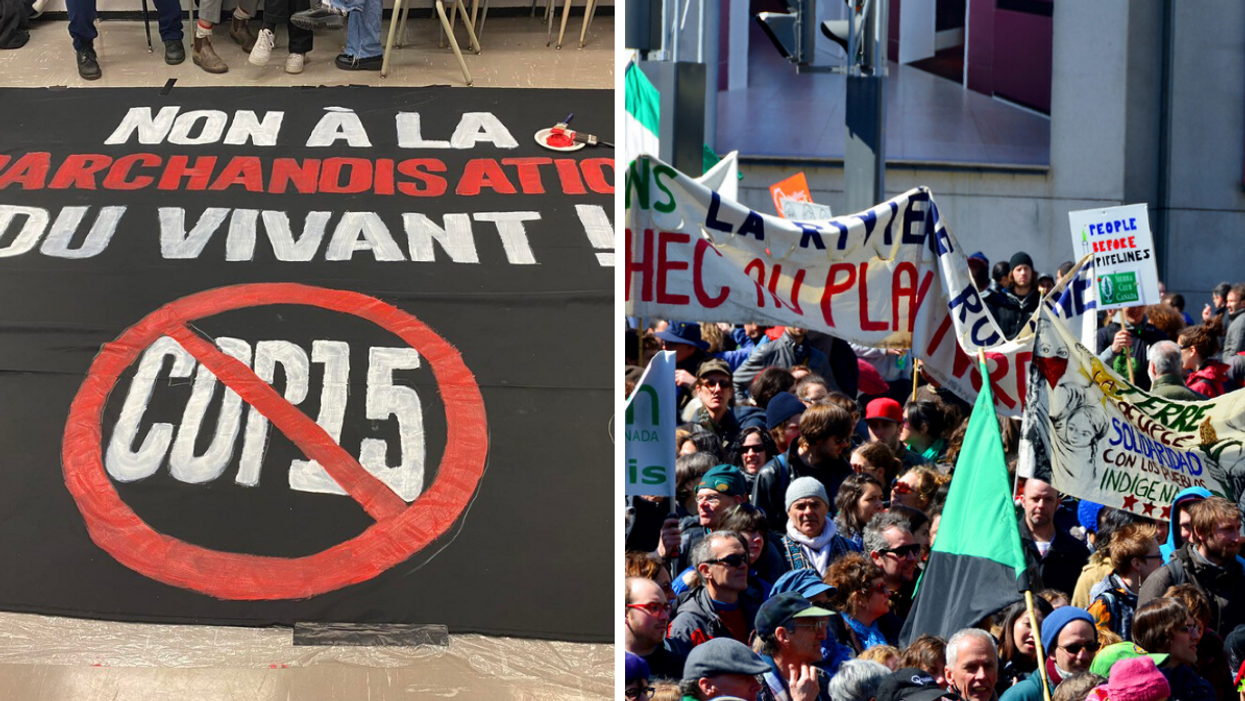 Bannière contre la COP15. Droite : Manifestation pour la planète à Montréal en 2013.