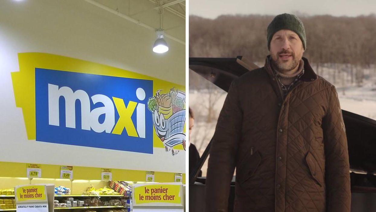 Bannière Maxi. Droite : Martin Matte, porte-parole de Maxi.