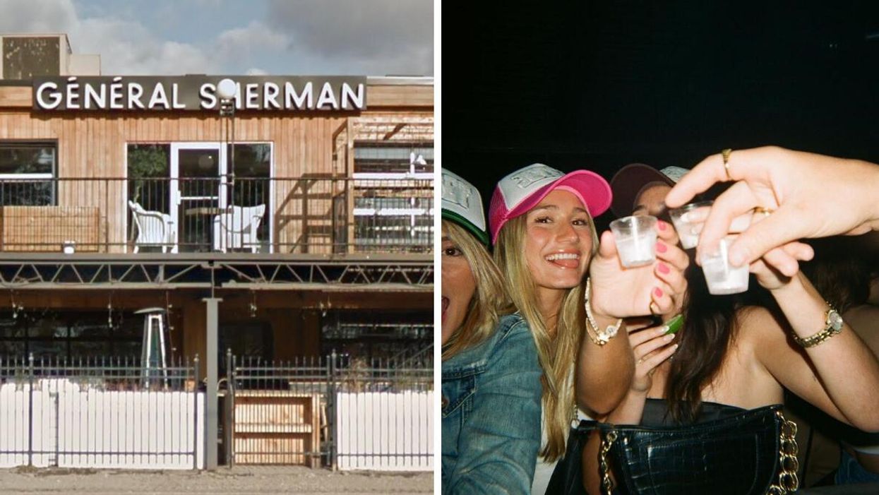 Bar Général Sherman. Droite : Personnes qui font des shooters au Sherm.