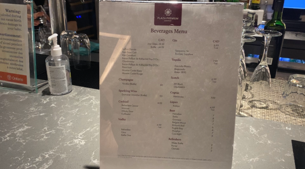 bar menu at plaza premium international lounge terminal 3 pearson airport