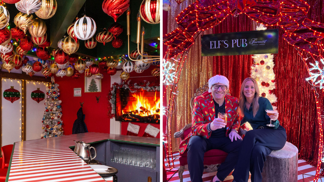 Bar with holiday decor and a fireplace. Right: Man and woman having cocktails at Elf's Pub in the Château Laurier.Laurier.