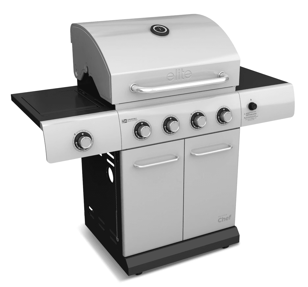 Barbecue convertible au propane MASTER Chef Elite \u00e0 4 br\u00fbleurs avec br\u00fbleur lat\u00e9ral sur le site de Canadian Tire.