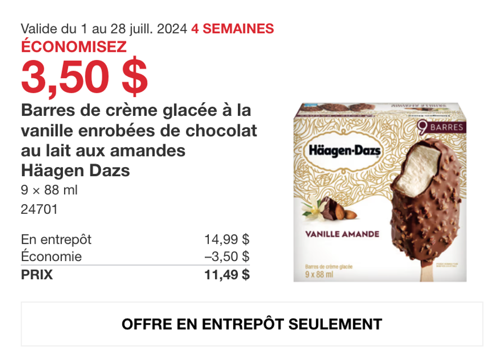 Barres de cr\u00e8me glac\u00e9e de H\u00e4agen Dazs au Costco.