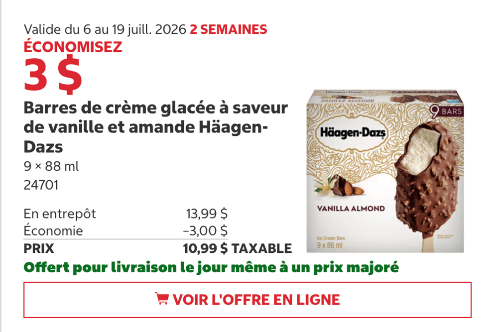 Barres de cr\u00e8me glac\u00e9e H\u00e4agen-Dazs en rabais au Costco.