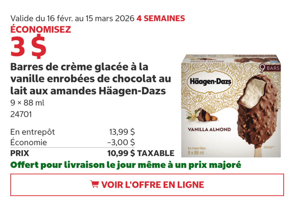 Barres de cr\u00e8me glac\u00e9e \u00e0 la vanille enrob\u00e9es de chocolat au lait aux amandes H\u00e4agen-Dazs 9 x 88 ml sur le site de Costco.