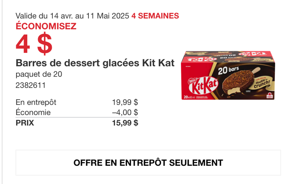 Barres de dessert glac\u00e9es Kit Kat dans la circulaire en ligne du Costco.