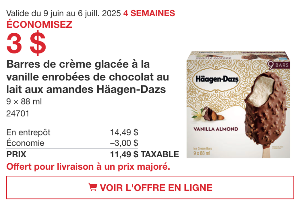 Barres glac\u00e9es H\u00e4agen-Dazs en rabais dans la circulaire du Costco jusqu'au 6 juillet 2025.