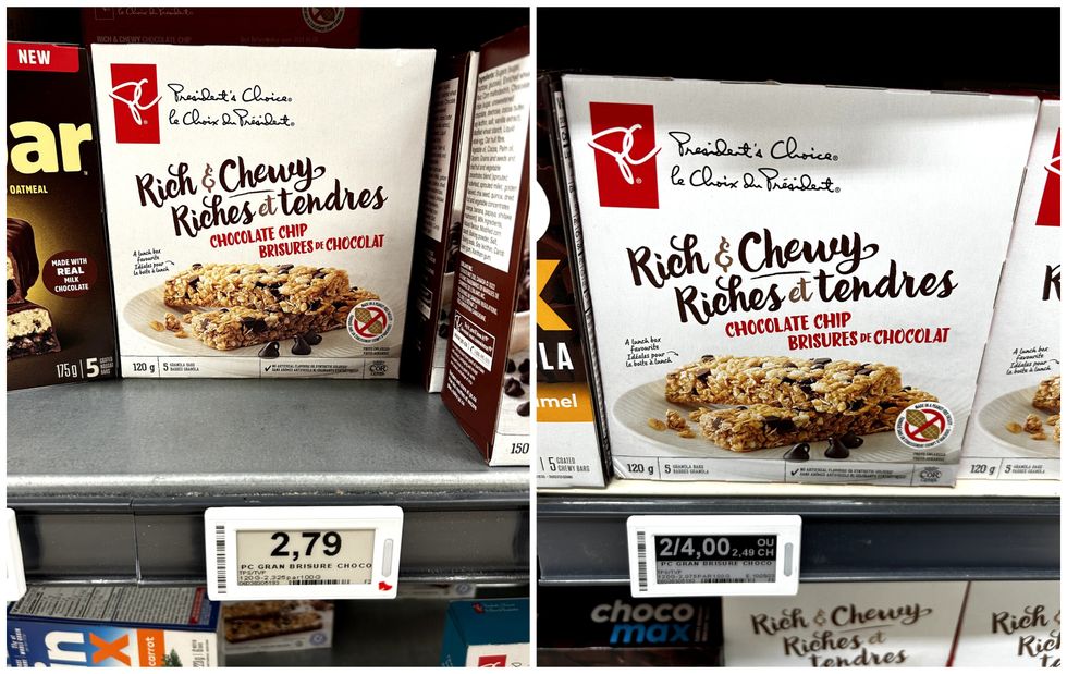 Barres granola aux brisures de chocolat le Choix du Pr\u00e9sident en vente chez Maxi. Droite : Barres granola aux brisures de chocolat le Choix du Pr\u00e9sident en vente chez Provigo.