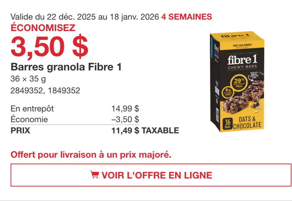 Barres granola Fibre 1 36 x 35 g sur le site de Costco
