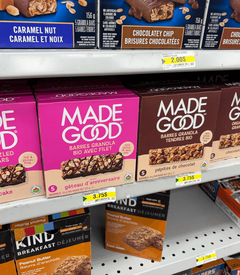 Barres granola tendre bio Made Good sur les tablettes du Dollarama.