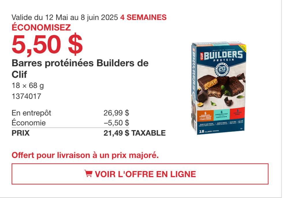 Barres prot\u00e9in\u00e9es Builders de Clif dans la circulaire en ligne du Costco.