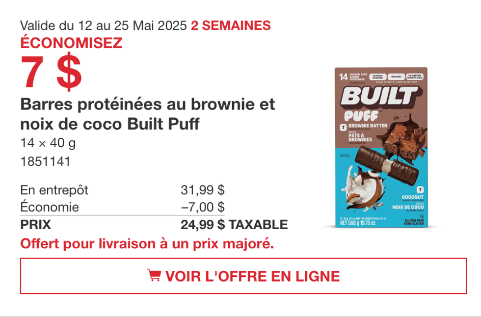 Barres prot\u00e9in\u00e9es Built Puff au go\u00fbt de p\u00e2te \u00e0 brownies et noix de coco sur le site de Costco.