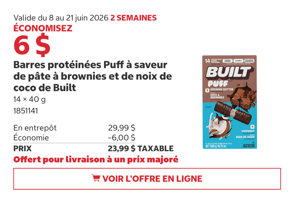 Barres prot\u00e9in\u00e9es Puff Built saveurs p\u00e2te \u00e0 brownies et noix de coco au Costco.