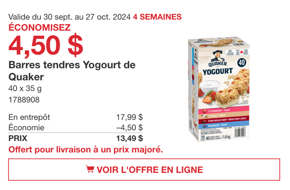 Barres tendres au yogourt de Quaker en sp\u00e9cial au Costco.
