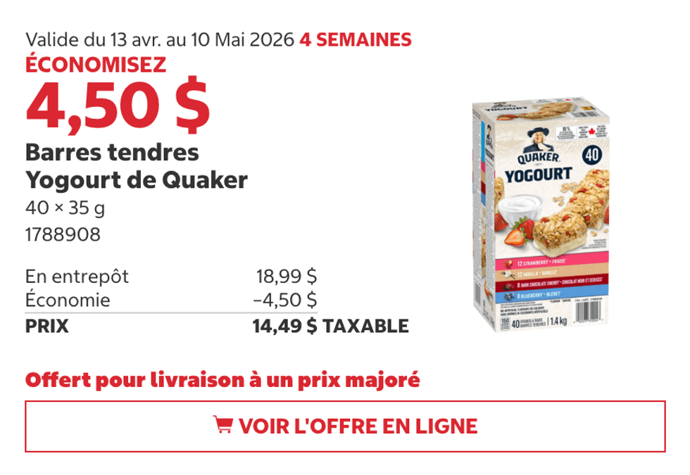 Barres tendres au yogourt Quaker au Costco.