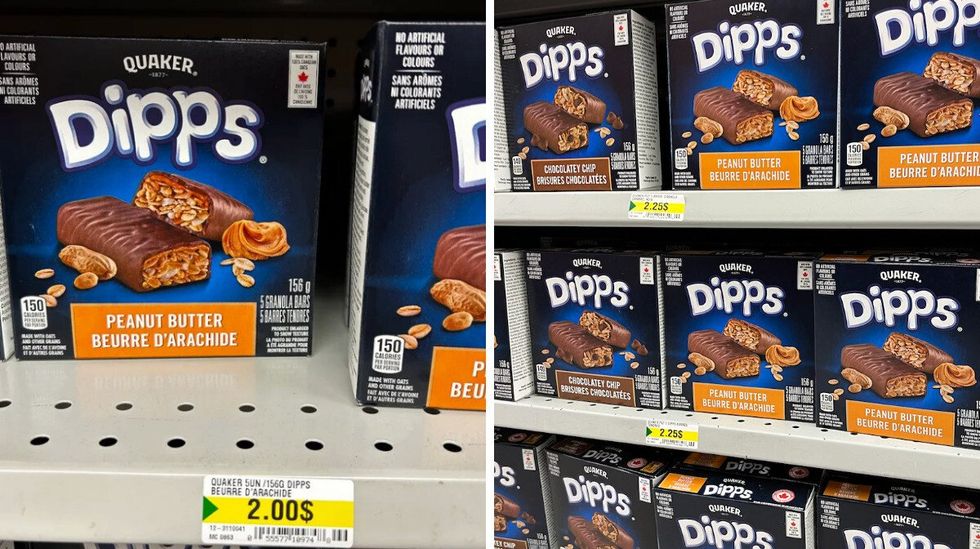 Barres tendres de Quaker \u00e0 2 $. Droite : Barres tendres de Quaker \u00e0 2,25 $.