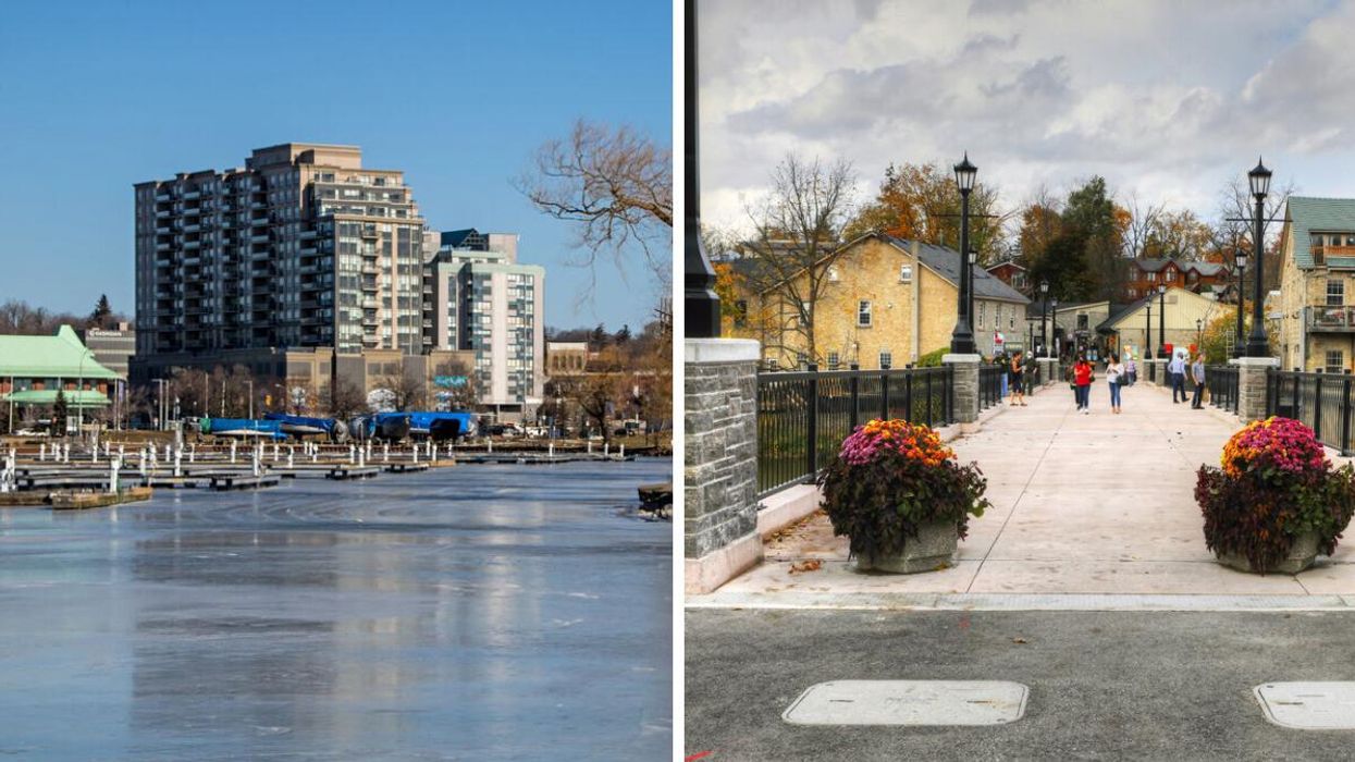 Barrie, Ontario during the winter. Right: The township of Elora in Wellington County.