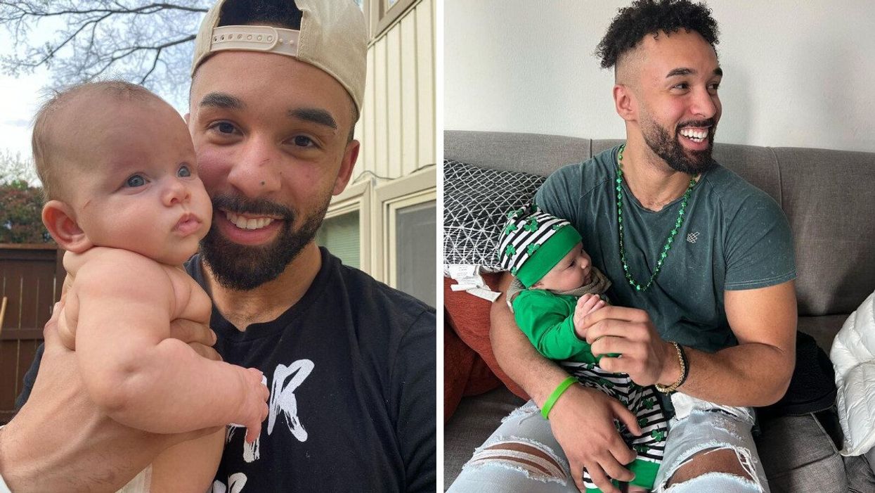 Bartise Bowden holding his son.