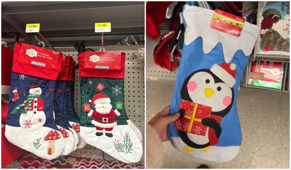 Bas de No\u00ebl color\u00e9s au Walmart. Droite : Bas de No\u00ebl color\u00e9s au Dollarama.