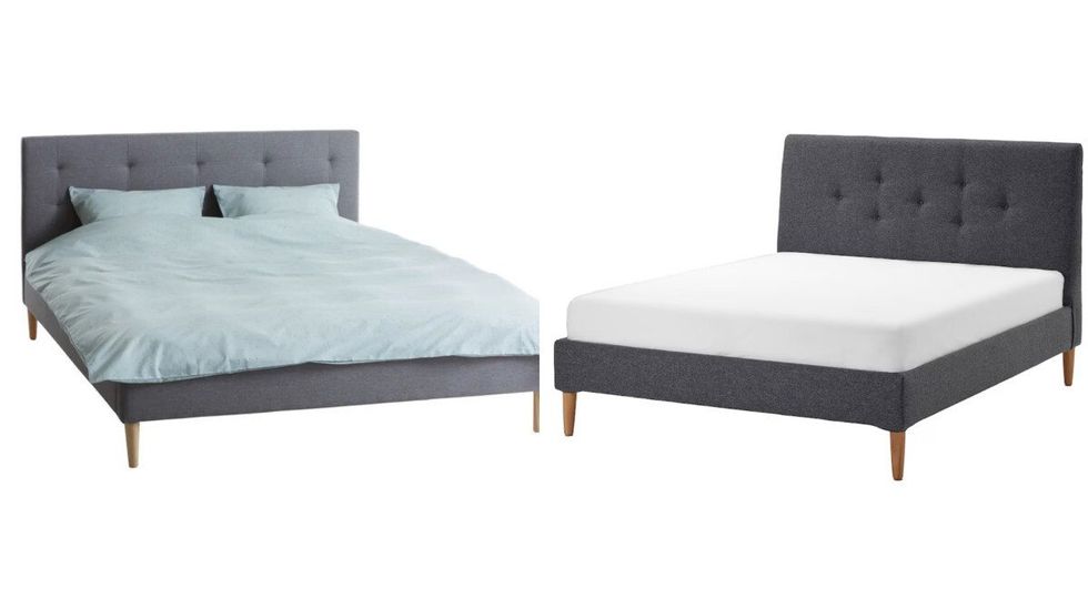 Base de lit (Grand lit) MILLINGE chez Jysk. Droite : Base de list grise (Grand lit) IDAN\u00c4S chez IKEA.