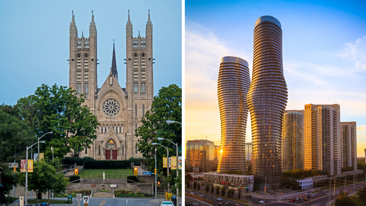 Basilica of Our Lady Immaculate in Guelph, Ontario. Right: The skyline in Mississauga, Ontario.