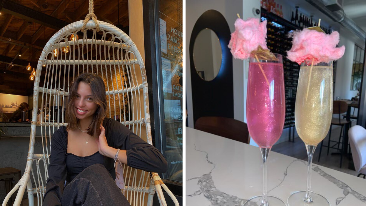 Basket chair at Montgomery Scotch Lounge. Right: Glitter cocktails at Angelina.