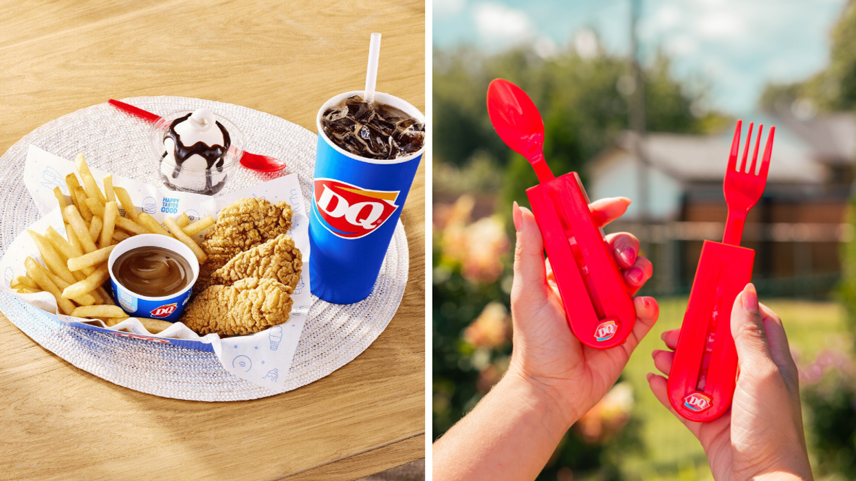 Basket of DQ Canada chicken strips with fries, gravy, soft drink, and hot fudge sundae on a wooden table., Right: Two hands holding the DQ red 'foon,' a foldable spoon-fork hybrid utensil, outdoors on a sunny day.