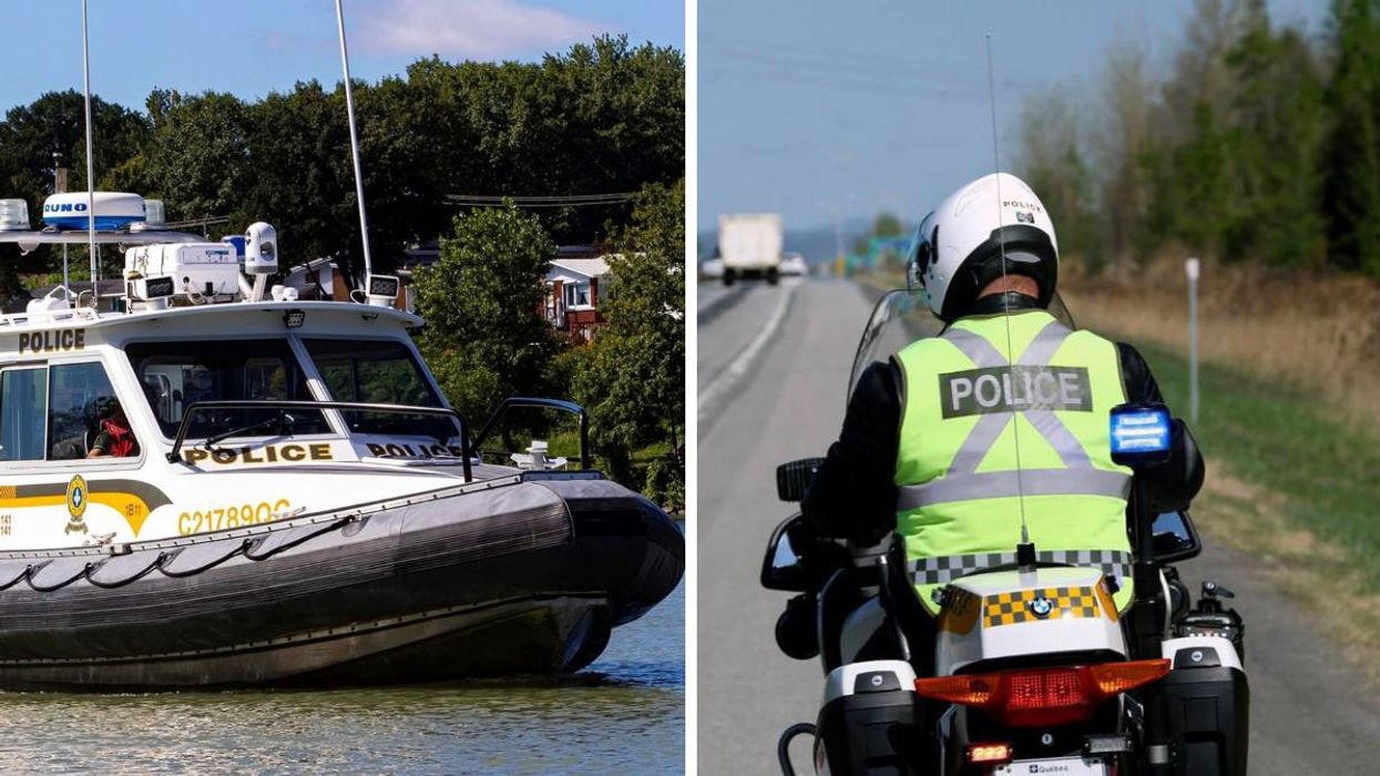 Bateau de la Sûreté du Québec. Droite : Policier de la Sûreté du Québec à moto.