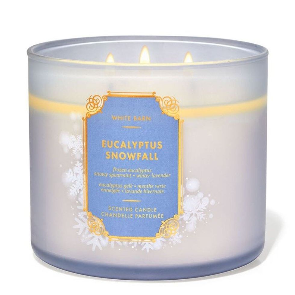 bath and body works three-wick eucalyptus snowfall candle
