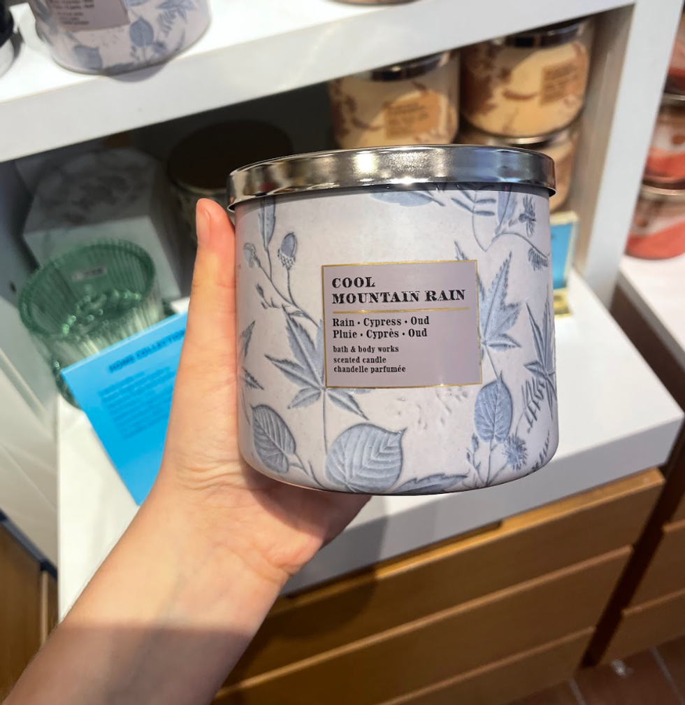 Bath & Body Works candle "Cool Mountain Rain."