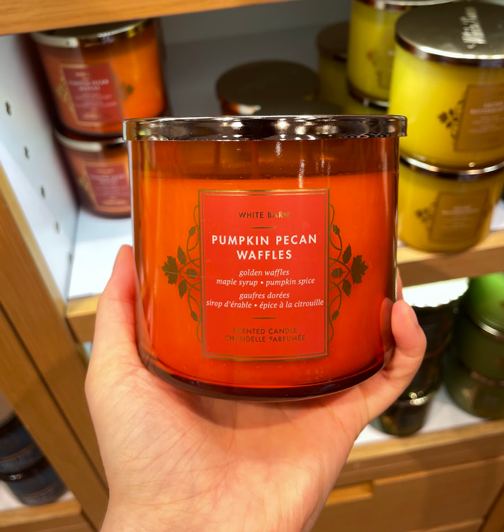 Bath & Body Works candle "Pumpkin Pecan Waffles."