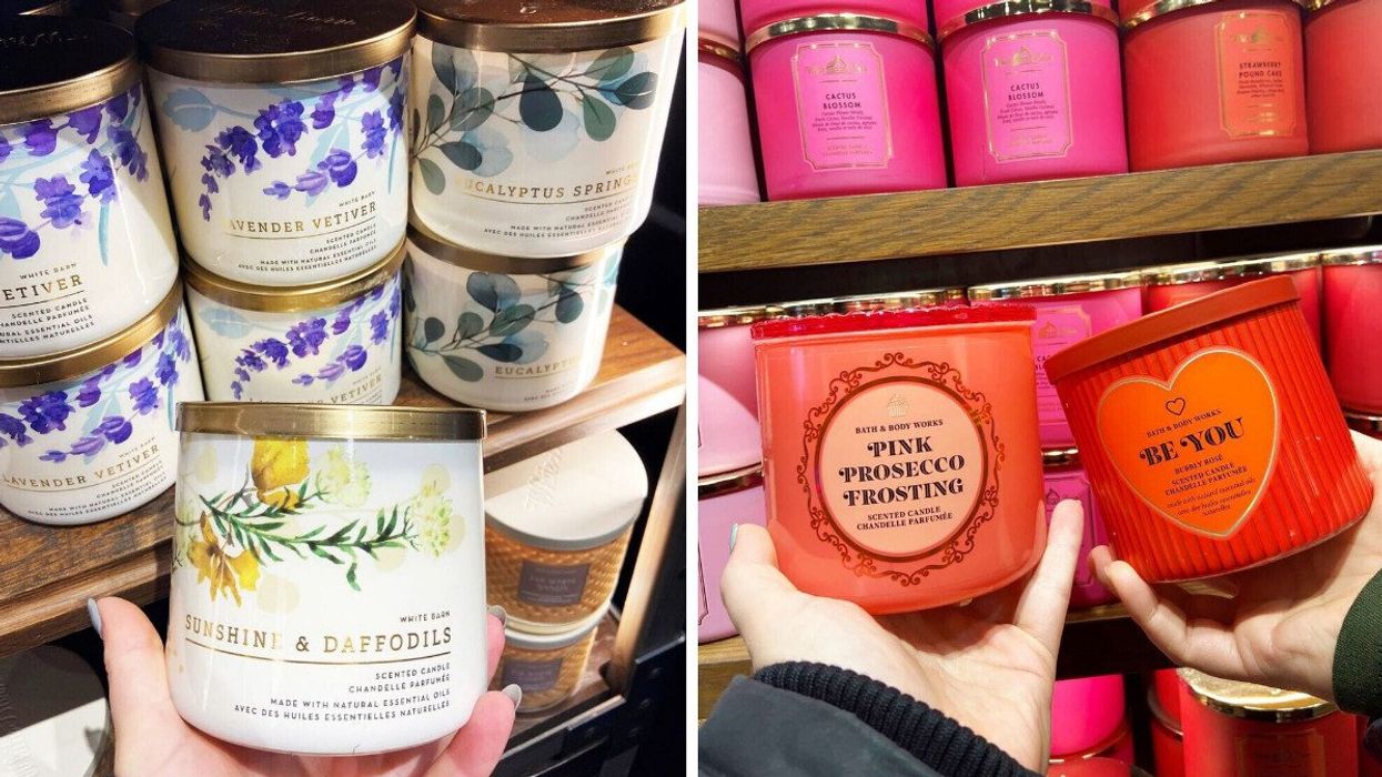 Bath & Body Works candles on display at a store. Right: People holding Bath & Body Works three-wick candles.