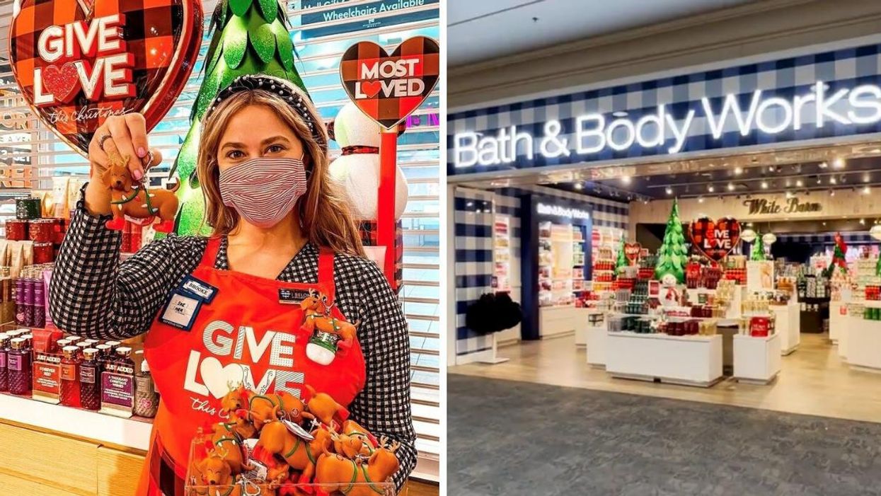 Bath & Body Works employee holding holiday-themed hand sanitizers. Right: Bath & Body Works store during the holidays.