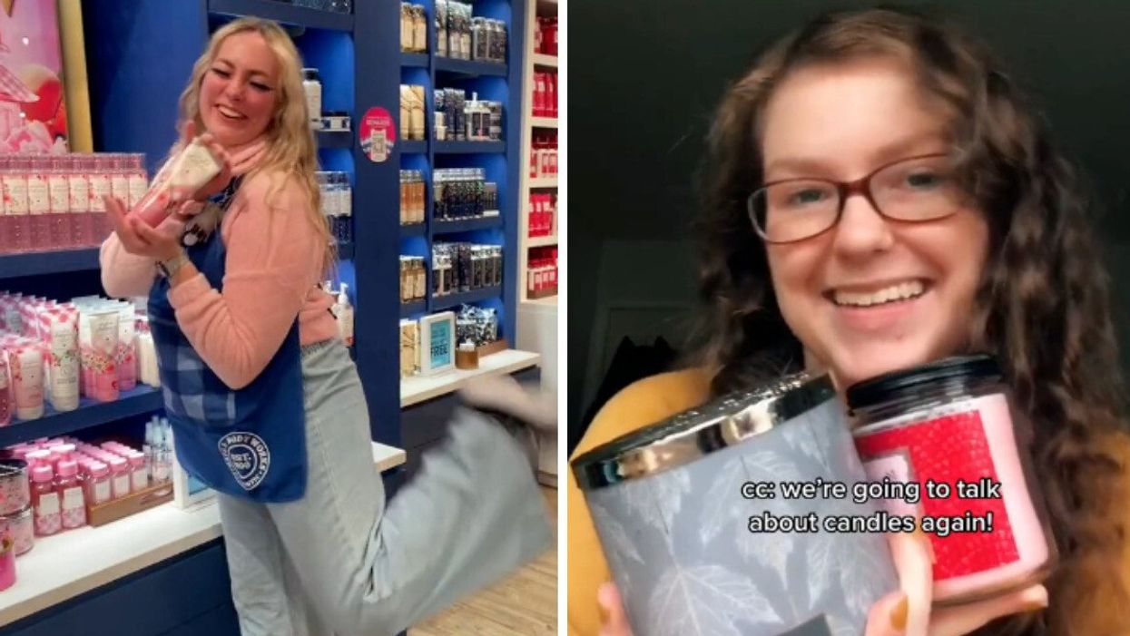 Bath & Body Works employee with their favourite scent. Right: Bath & Body Works employee holding candles.
