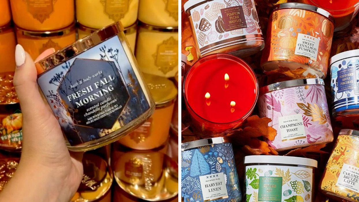 Bath & Body Works Fresh Fall Morning candle. Right: Bath & Body Works fall-scented three-wick candles.