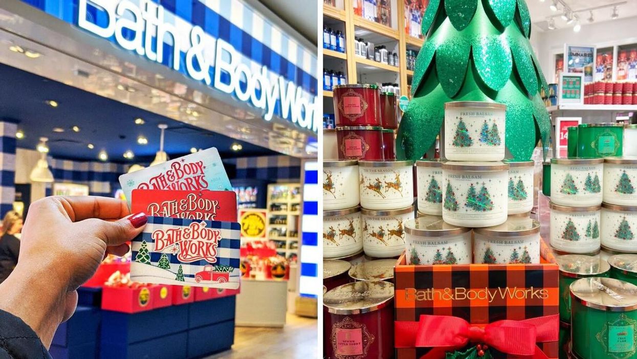 Bath & Body Works gift cards being held by someone outside a store. Right: Bath & Body Works three-wick candles on display in a store.
