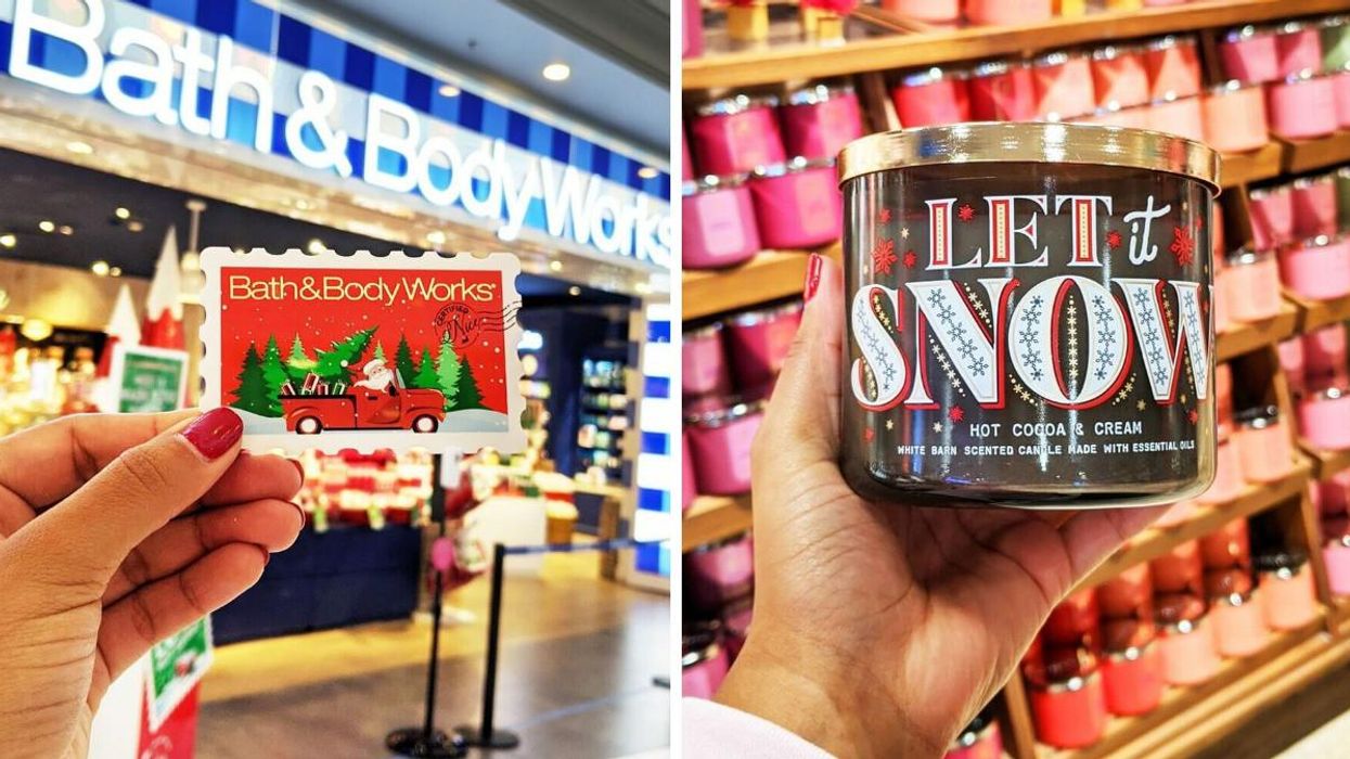 Bath & Body Works holiday gift card in front of a store. Right: A holiday scented Bath & Body Works three-wick candle.