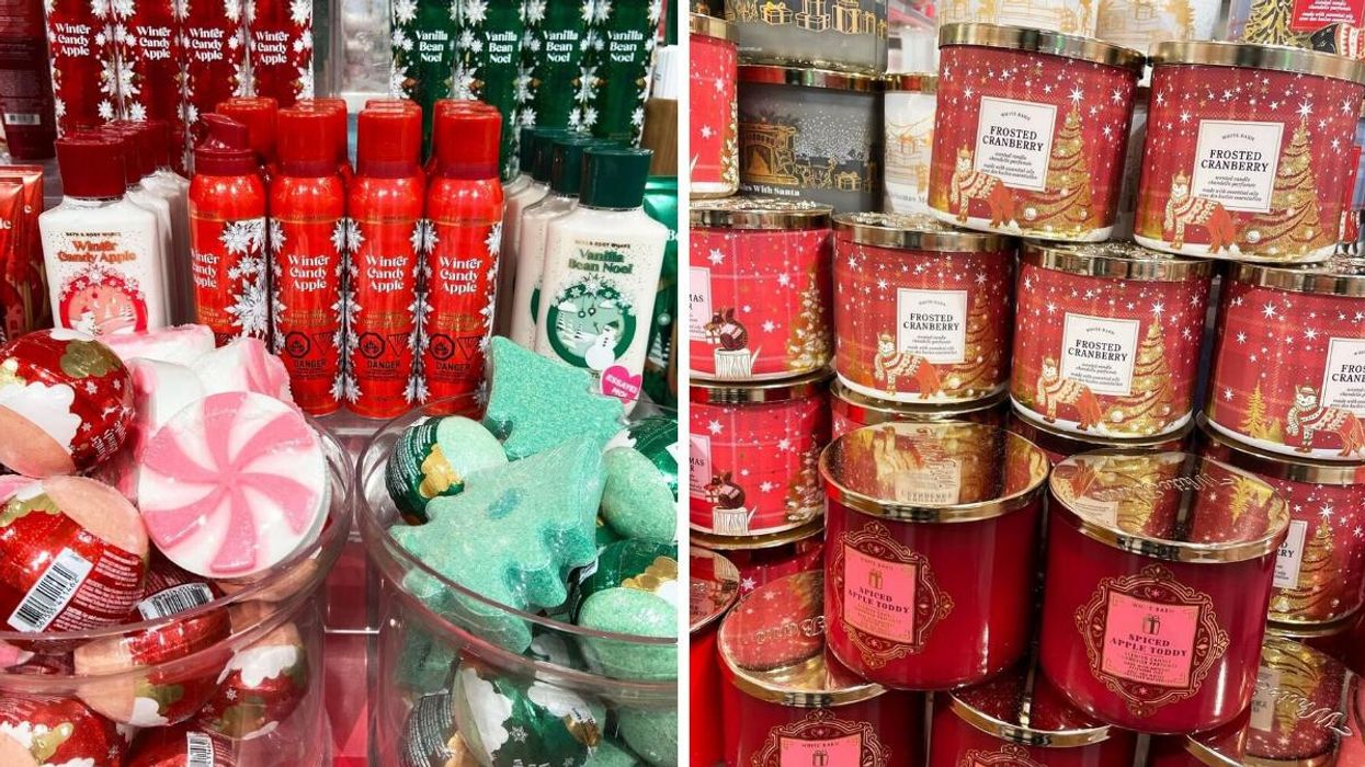 Bath & Body Works holiday soaps and fragrances. Right: Bath & Body Works holiday three-wick candles on display at a store.