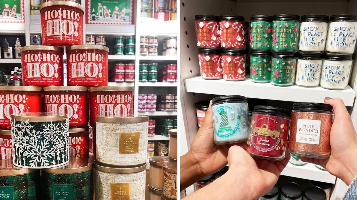 Bath & Body Works holiday three-wick candles stacked in a store. Right: People holding Bath & Body Works holiday single-wick candles.