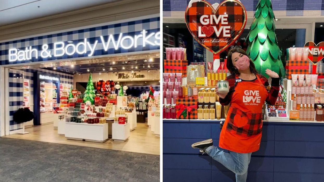 Bath & Body Works store during the holidays. Right: Bath & Body Works employee during the holiday season.
