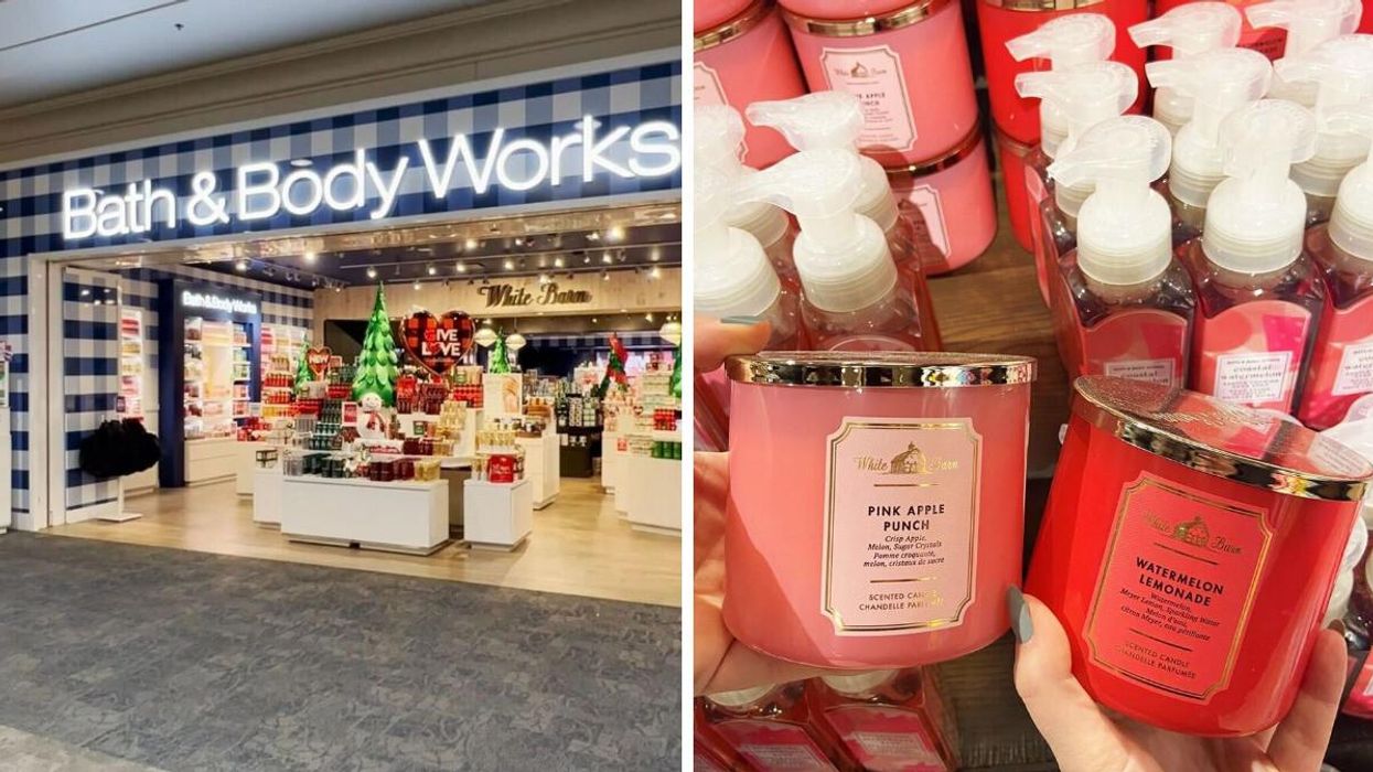 Bath & Body Works storefront. Right: Three-wick candles from Bath & Body Works.