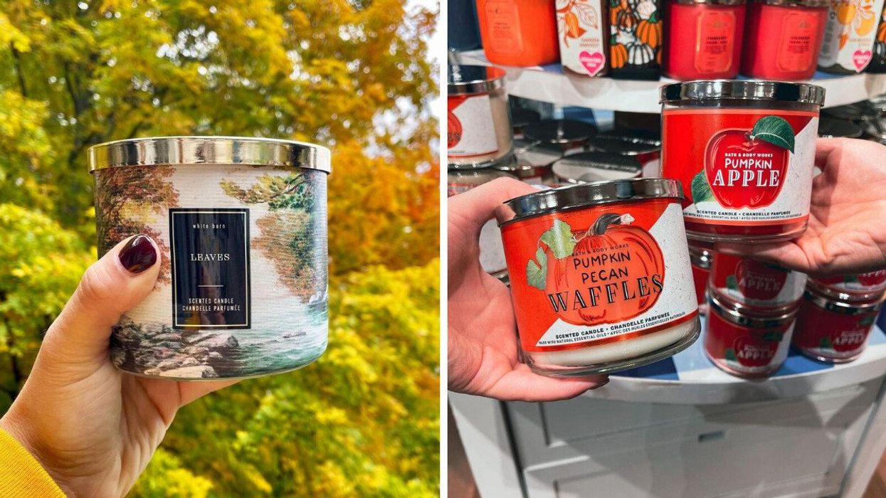 Bath & Body Works three-wick candle. Right: Pumpkin-scented Bath & Body Works three-wick candles.