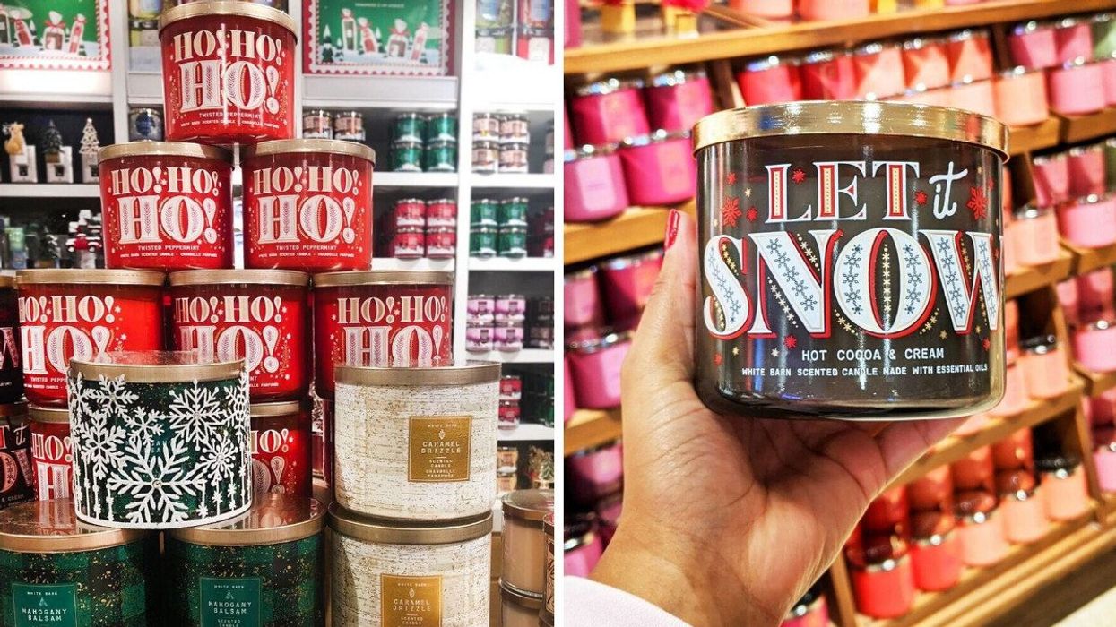 Bath & Body Works three-wick candles in a store. Right: Person holding a holiday-scented three-wick candle.