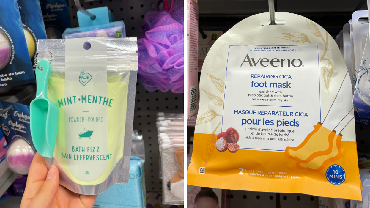 Bath fizz at Dollarama. Right: Aveeno Repairing Cica Foot Mask at Dollarama.