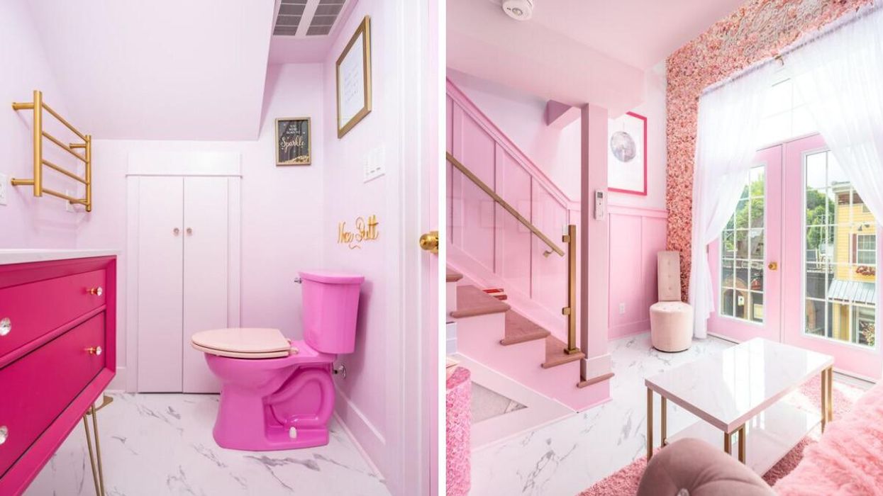 Bathroom with a pink toilet. Right: Pink room with pink decor.